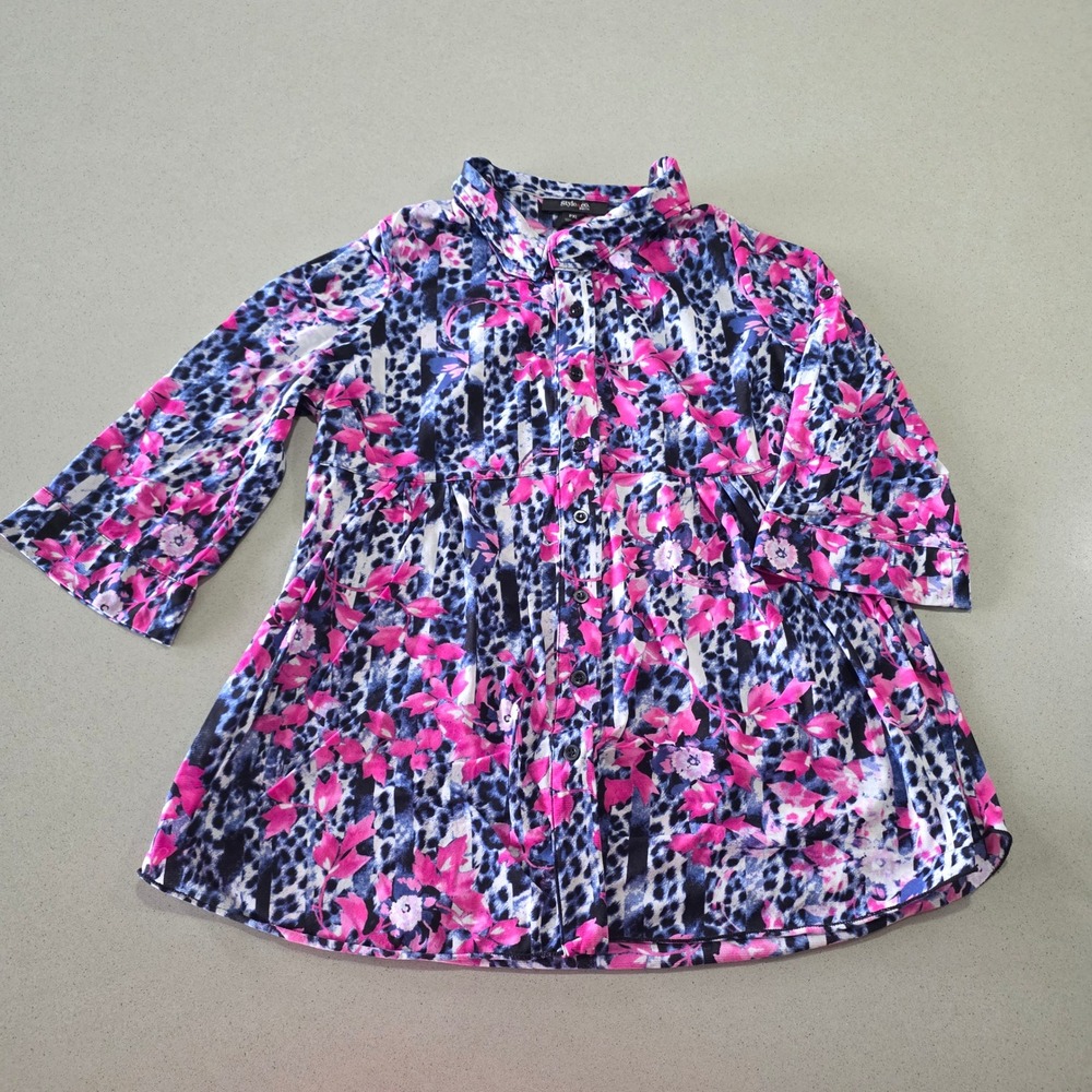 Style & Co Womens Blue Pink Floral Animal Print Button Front Tunic‎ Top Size PM